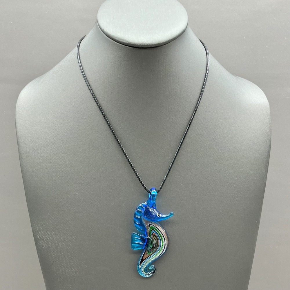 Seahorse Pendant Necklace Women Blue Glass Lampwork Nautical Ocean Beach Jewelry